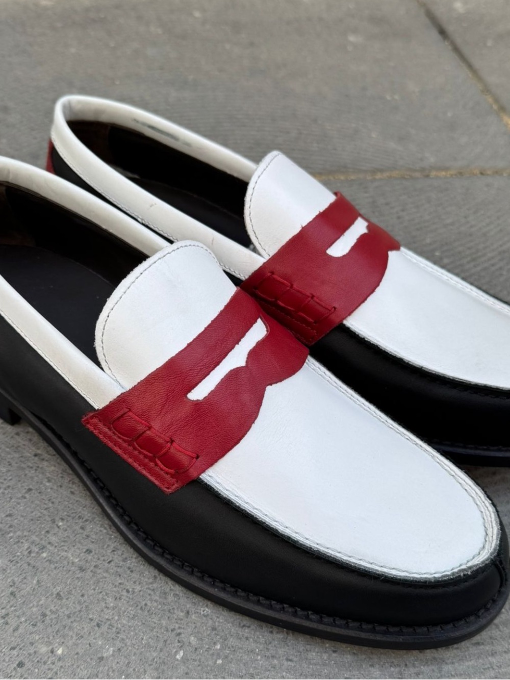 Men's Tri-Color Leather Penny Loafers - White/Blue/Red - Picture 2 of 3